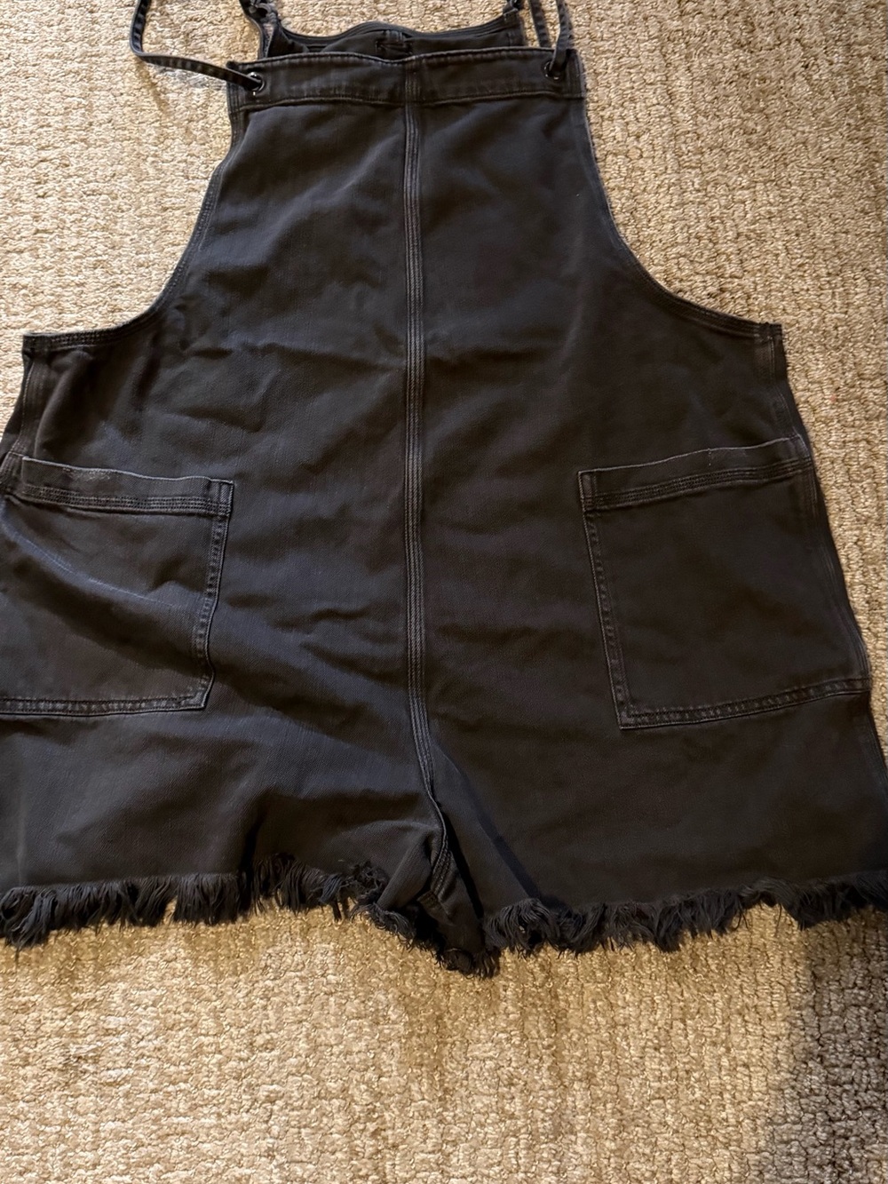 aerie Black Denim Short Overalls with Frayed Hemline